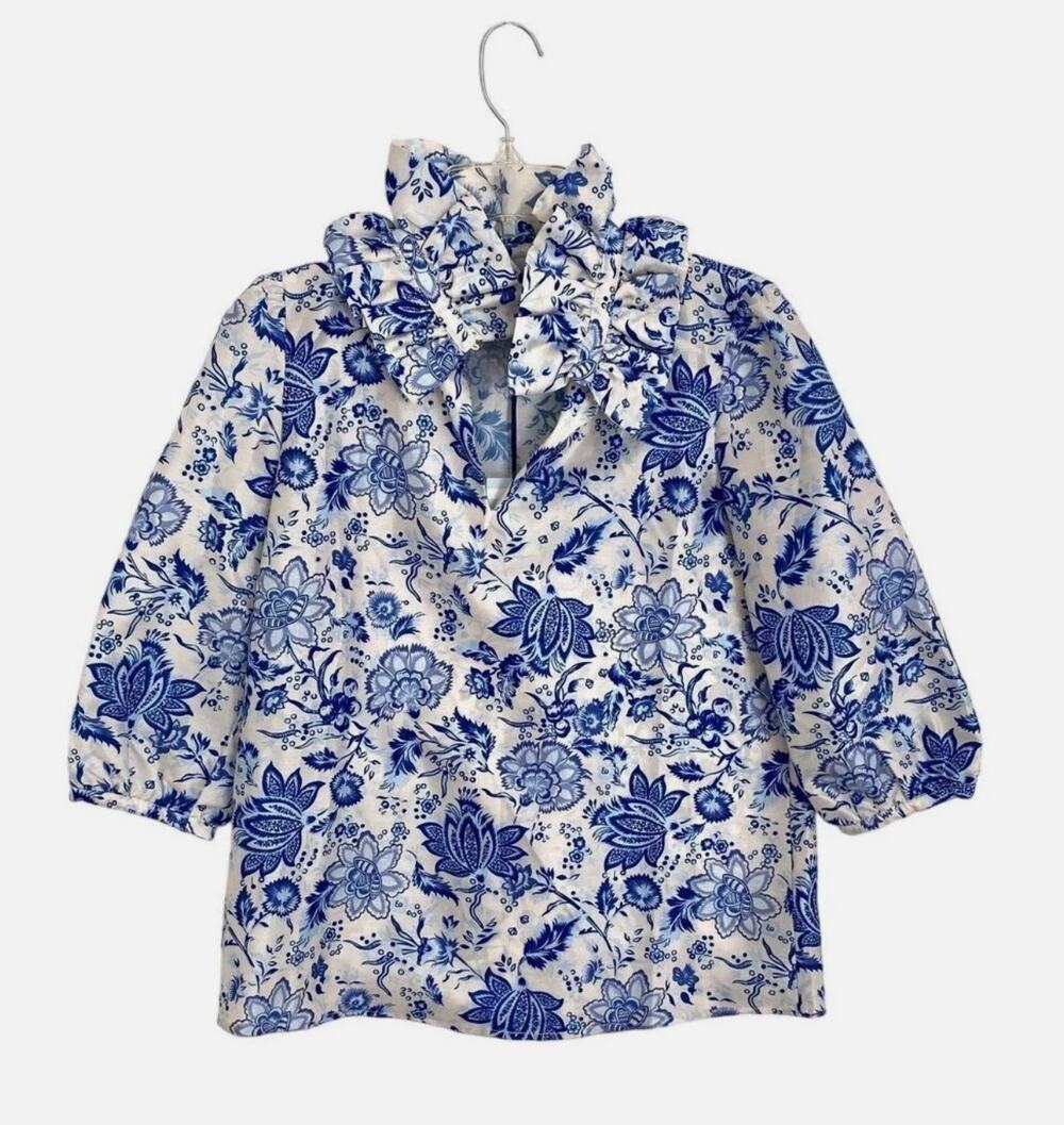 Tuckernuck Blue Chintz Floral Ruffle Neck Bouvier Blouse Top Size S Porcelain